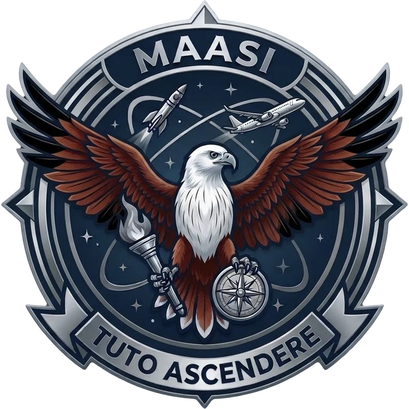 The MAASI crest: a Brahminy kite with wings spread, holding a torch and a compass, beneath a rocket and an airliner, with the motto Tuto Ascendere.